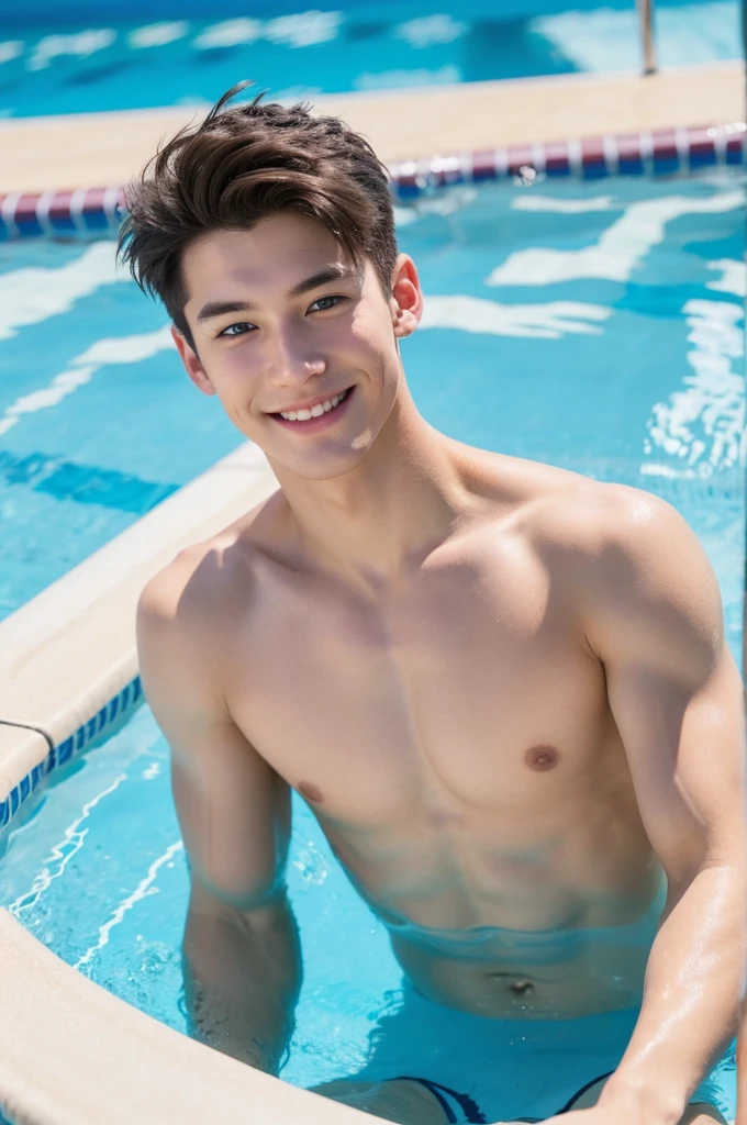 Create a photo of a white Asian boy, smile, Athlete-looking man with blue eyes in a swimming pool