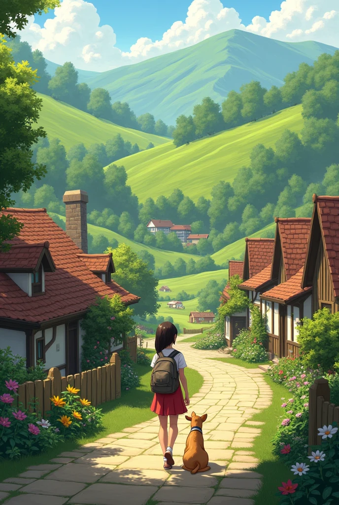 A peaceful village nestled between lush green hills where Mia and Leo live.