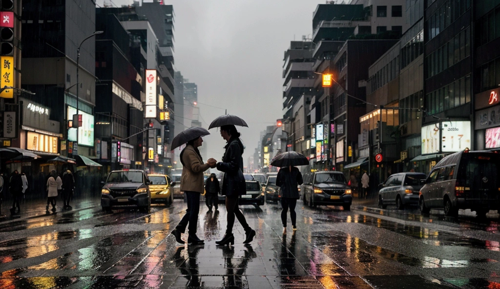 "A rainy evening in the heart of Tokyo. The scene captures the bustling city streets, where neon signs and billboards cast vibrant colors onto the wet pavement. Pedestrians with umbrellas hurry along the crowded sidewalks, their reflections shimmering in the rain-soaked streets. Tall buildings line the road, their windows glowing with warm light against the dark, overcast sky. The rain falls steadily, creating a soft haze that blurs the bright lights of the city. A few taxis and buses pass by, their headlights cutting through the rain, while the distant sound of traffic and the hum of the city fills the air. The overall mood is a blend of energy and calm, with the rain adding a layer of tranquility to the otherwise lively urban scene."
