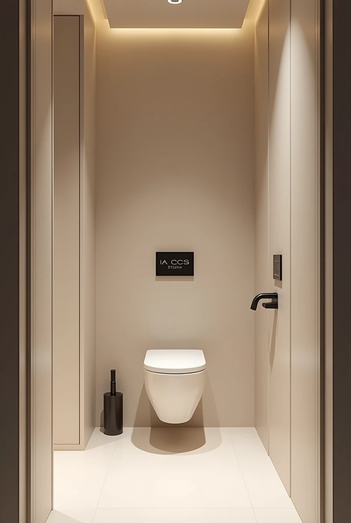 An elegantly designed office bathroom with a sign that reads "IA CCS STUDIO", featuring a minimalist style. The focus is on the cleanliness and simplicity of the space. This description is for a photograph capturing the sleek and modern aesthetic of the restroom. The image showcases the immaculate surfaces, sleek lines, and thoughtful design elements that elevate the mundane space into a sophisticated oasis. The lighting highlights every detail, creating a sense of elegance and refinement that sets it apart from typical office bathrooms.