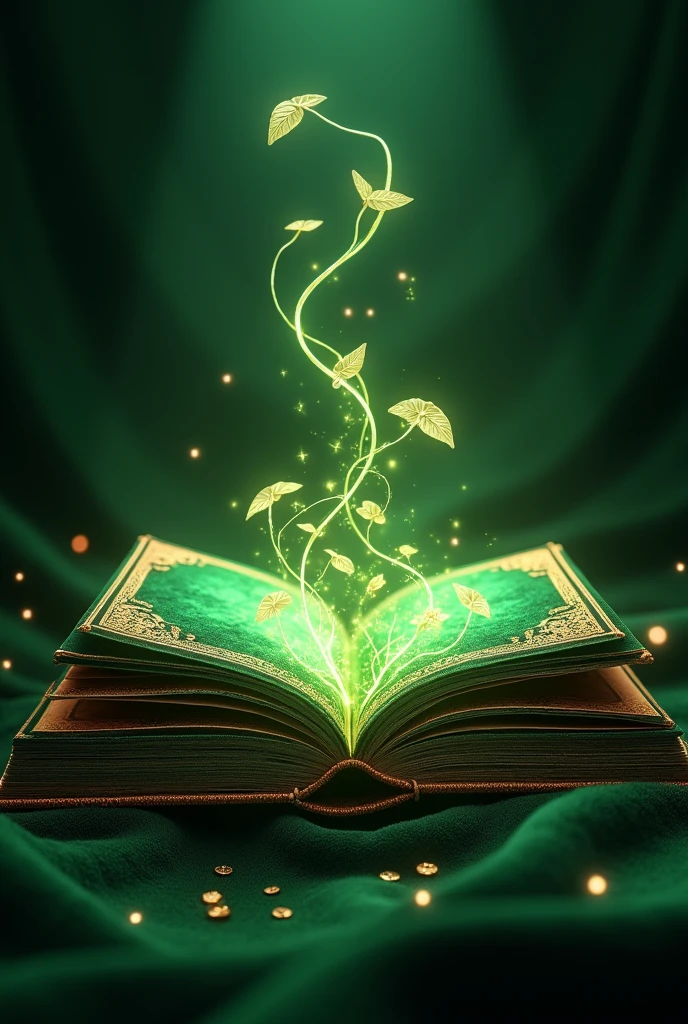 "Design an image of a luxurious emerald green book with a velvet cover, slightly open, revealing pages edged in gold. From the book's pages, glowing emerald green vines with delicate golden leaves are emerging and curling outward. The background should be a dark, rich texture, like velvet or leather, with a soft spotlight highlighting the book and the radiant vines. Subtle emerald green and gold sparkles should surround the book, giving it a magical, enchanted appearance."