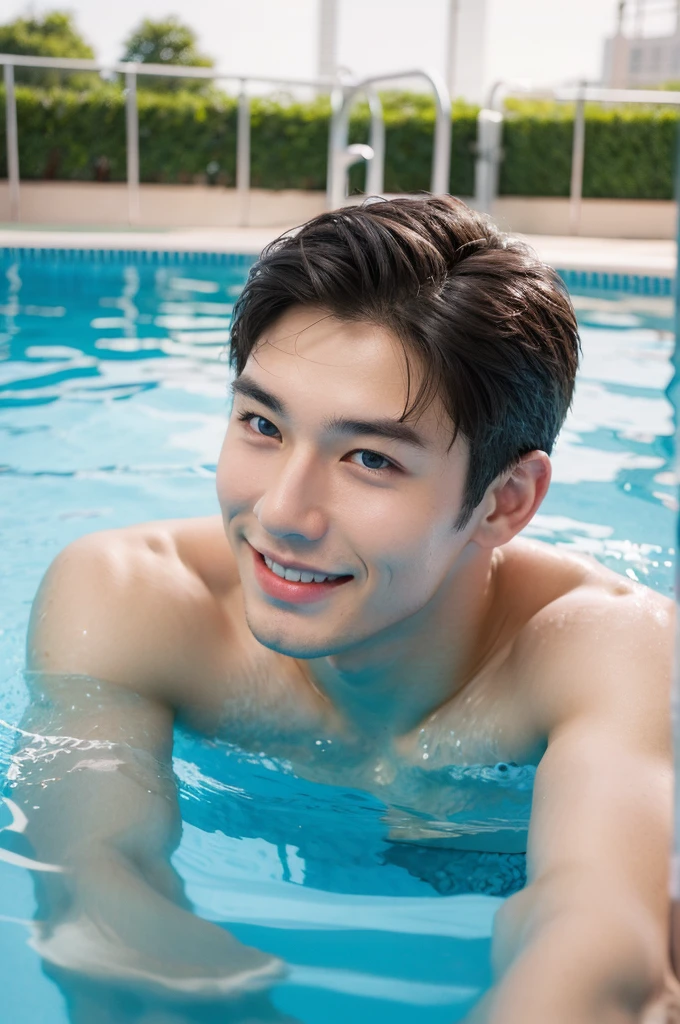 Create a photo of a white Asian boy, smile, Athlete-looking man with blue eyes in a swimming pool