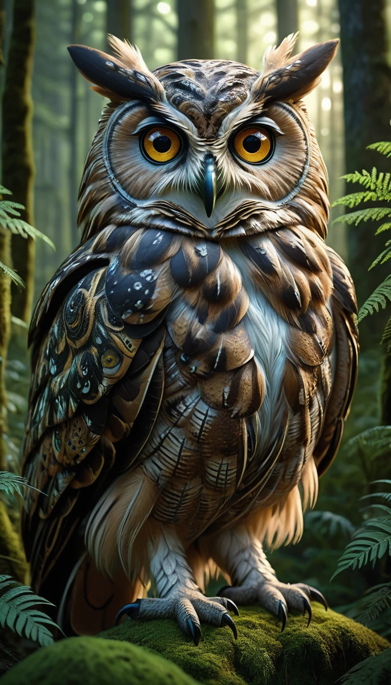a stunning detailed hybrid creature, a human head with four eyes fused with an owl body, in a lush forest landscape, (best quality,4k,8k,highres,masterpiece:1.2),ultra-detailed,(realistic,photorealistic,photo-realistic:1.37),highly detailed animal, intricate patterns, realistic lighting
