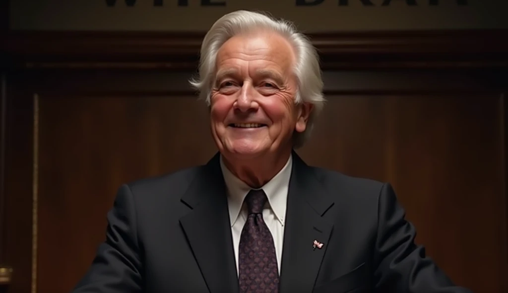 Portrait of Billy Graham in his later years, With silver hair neatly combed. He is wearing a dark suit and a tie, with a serene expression full of authority. The image should capture his dignified and welcoming posture, perhaps in a pulpit or stage setting of a major evangelical meeting. The background could be a church setting or a large auditorium, with soft lighting highlighting his face and conveying the depth and compassion of his ministry