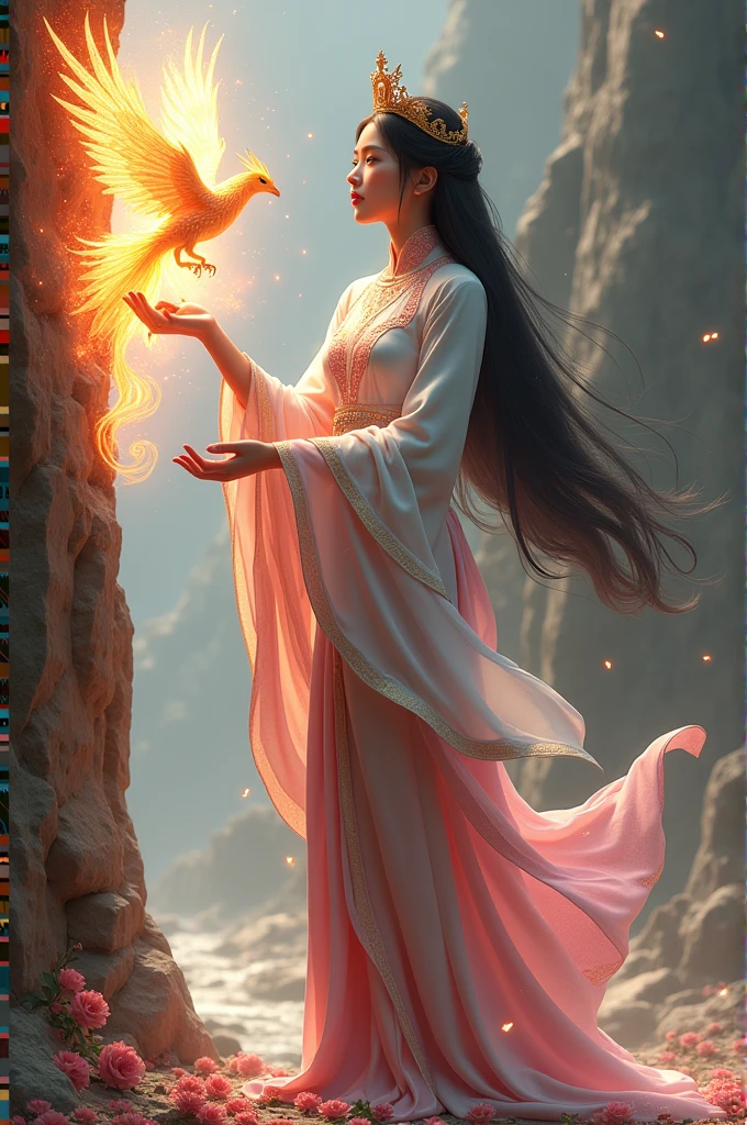 full lenght a Full-body image of a beautiful young woman, wearing a white Thai dress with pink sparkles, a pink sarong with gold trim, a light blue silk cloth around her arm, long flowing black hair, wearing a crown, tied loosely. She extends her right arm and there is a majestic phoenix from digital ashes in a blaze of holographic flames. The corner of a steep cliff is surrounded by small flowers, beautiful, glowing and shimmering. 3D image, oil painting, sharp image, art of Ajarn Chalermchai.