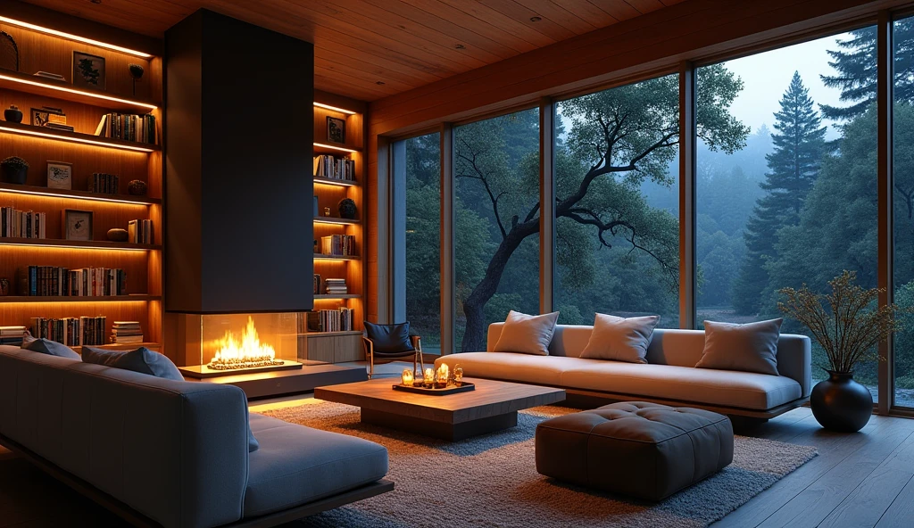 at night, a modern living room with fireplace, bookshelves, couches and large windows, in the style of vray tracing, organic and naturalistic compositions, cabincore, japanese-inspired, subtle luminosity, glazed surfaces, meticulous design. This image has 8K resolution. --ar 4:3,nature 8k,room in the forest at night 8k quality