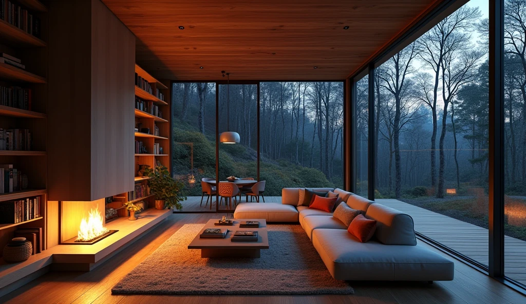 at night, a modern living room with fireplace, bookshelves, couches and large windows, in the style of vray tracing, organic and naturalistic compositions, cabincore, japanese-inspired, subtle luminosity, glazed surfaces, meticulous design. This image has 8K resolution. --ar 4:3,nature 8k,room in the forest at night 8k quality