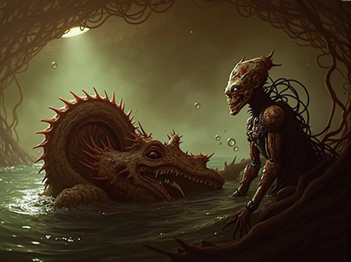 A terrifying deep-sea scene featuring a sunken dragon, animationic robot,. The robot has a, twisted face with rusted metal, crack though it, and is covered in thick layers of algae and barnacles. Its large, partially buried in the ocean floor. Surrounding it are the rusted remains of old, decayed machinery and eerie, tangled seaweed. The murky water is filled with shadows, with faint rays of light barely penetrating the gloom. Small water bubbles rise ominously around the dragon, while subtle water effects add to the eerie, suffocating atmosphere