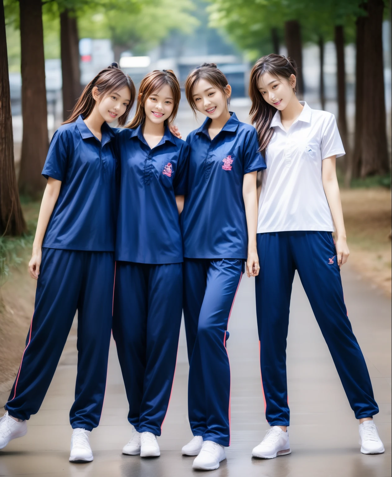 3 girls sleep on bed, Navy blue short-sleeved shirt,Navy Long Trackpant,Sweatpants, Sweatpantsขายาว,25 year old girl, lesbian, sexy, exercise clothes, wet body, exercise clothes