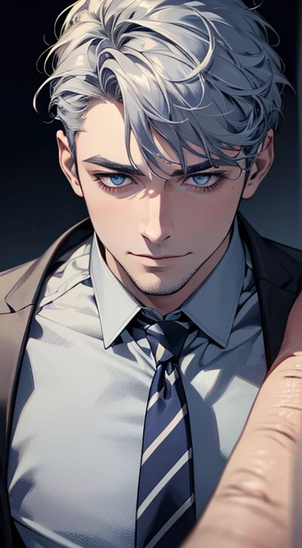 (best quality,4k,8k,highres,masterpiece:1.2),ultra-detailed,(realistic,photorealistic,photo-realistic:1.37),1 man,31 years old,mature man,very handsome,without expression,smile,short grey blue hair,blue eyes,penetrating gaze,perfect face without errors,imposing posture,businessman,office background,cinematic lighting,hdr image