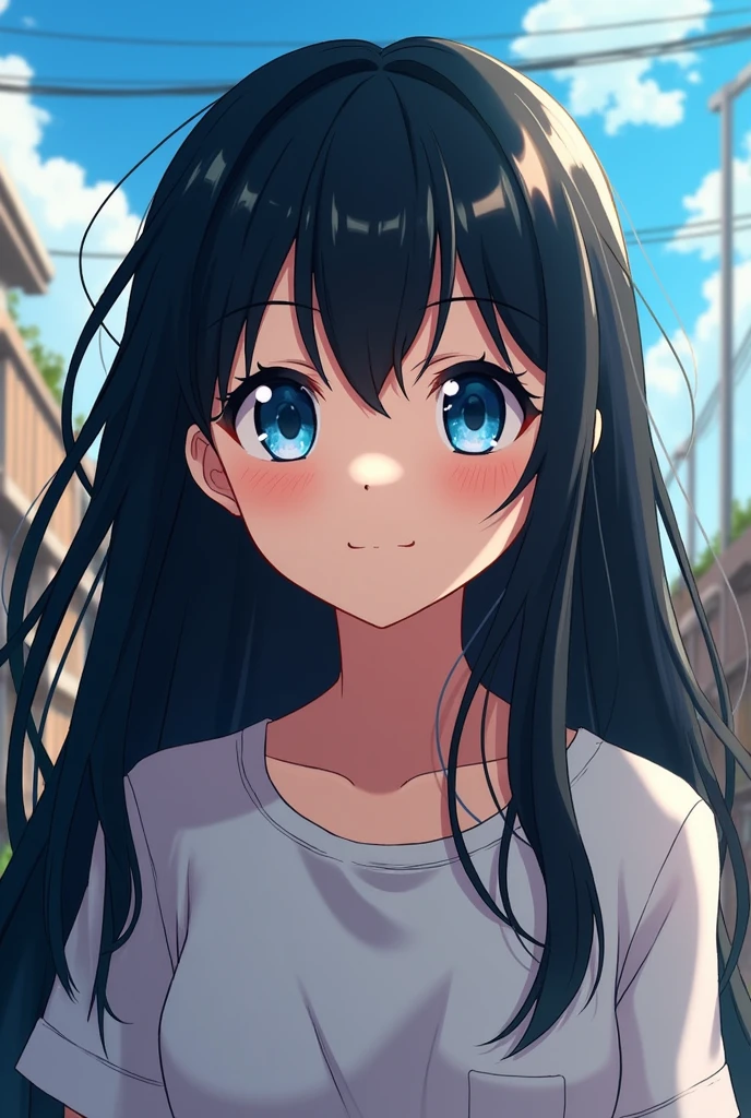 a girl with long black hair and blue eyes in the BNHA anime style