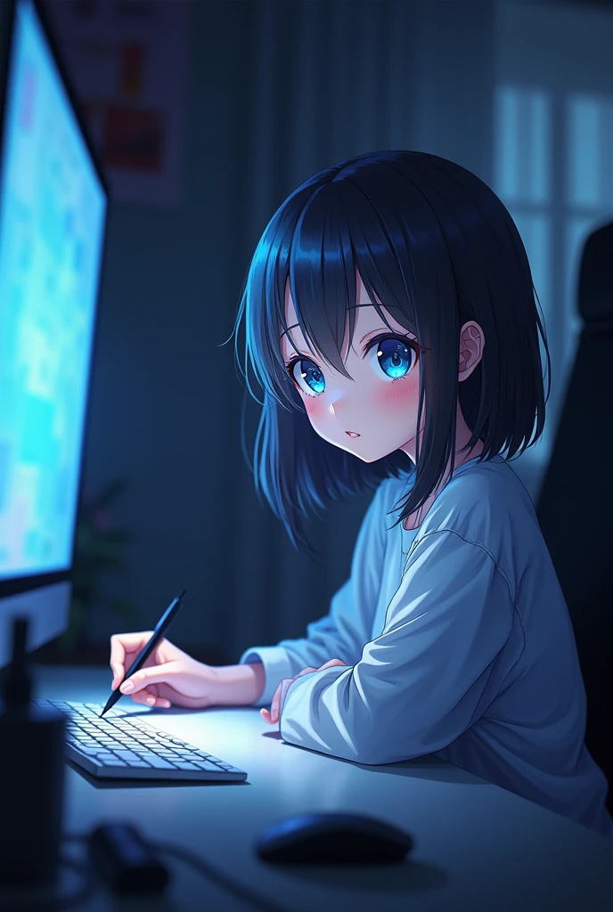 photo realistic  girl sitting in front of a computer with a mouse holding sketching pen, looking to camera, nightcore, anime style 4 k, digital art on pixiv, digital anime illustration, digital anime art, anime style. 8k, [ 4 k digital art ]!!, digital anime art!!, pixiv contest winner, pixiv, painted in anime painter studio, pixiv style, at pixiv