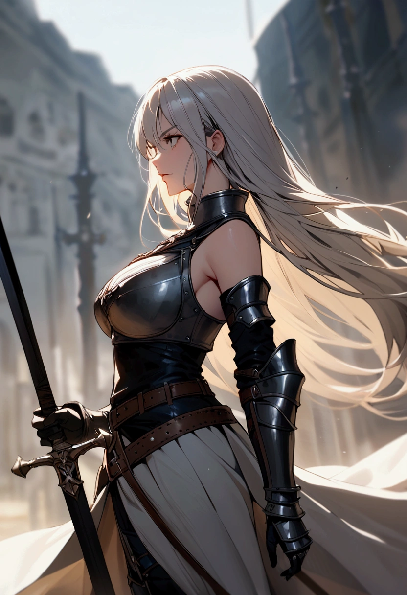 slender, mature female,1girl, long_hair, white_hair, blurry,  bare_shoulders, blonde_hair, standing,  breasts, depth_of_field, grey_hair, from_side, weapon, sword, holding, gloves, holding_weapon,black_gloves, holding_sword, cape, belt,knight, armor, elbow_gloves, sheath, armored_dress, gauntlets,sheathed, flag,  vambraces