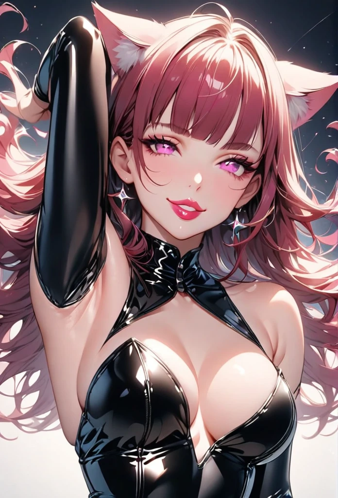 full body, armpit, armpit focus, smooth armpit, 1girl, maroon red hair,(shiny lipstick) (pink eyes), long hair, detailed face, cat ears, medium breasts, cleavage, long eyelashes, mature, (smirk, closed lips, big plump lips, eyeshadow) shiny skin, beautiful eyes,(detailed eyes, sharp eyes, clear pupils:0.8), blunt bangs, wispy bangs, latex, black latex clothes, slim body, flat stomach, simple background, sparkles