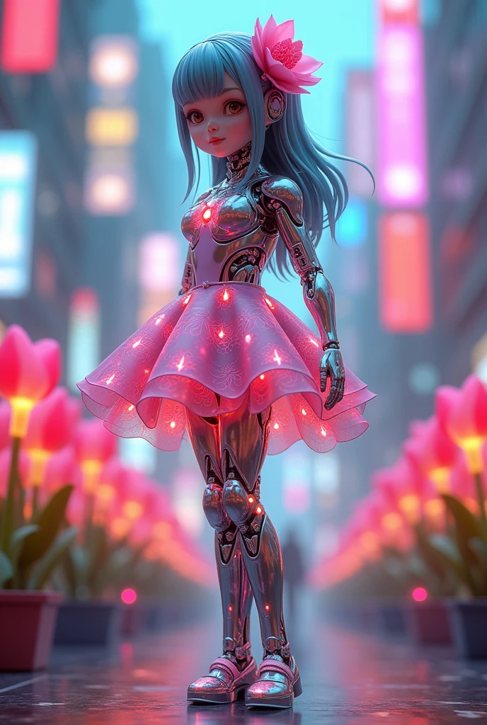 (3d，Mechanical feel，cute，ais-scrapyrd 1girl，tulip)，(Use a wide-angle lens to capture whole body images:1.9)，(masterpiece:1.1)，(Highest quality:1.1)，(HDR:1.0)，Ambient Light，Ultra high quality，(Ultra-detailed original illustrations)，(1 Girl，whole body)，(Rainbow tulip flower skirt)，(Slender thighs)，(Shoes made from tulip flowers: 1.5)，((Harajuku Fashion))，((Flowers with human eyes，Eye disease))，Double Exposure，Fusion of Fluid Abstract Art，Fault，(Original illustration composition)，(Limited color blending，Extreme art style，Geometric artstyle), , Colorful neon lights，High-tech mechanical parts，Metal body，(Detailed vibranium tulip flower design:1.9)，Vibrant colors，Dynamic luminous tulip flowers，Reflective metal surface，Bright environment，Dynamic poses，Exquisite existence，Skills Improvement，Interlocking mechanical gears，Stylish design，motion blur effect，Detailed metal treatment，Sci-fi atmosphere，Streamlined aerodynamic shape，Laser scanning pattern，Holographic projection，LED light track，Beautiful and unforgettable，Advanced sensors，Complex algorithms，Ominous and mysterious atmosphere，Electric Spark，Shiny chrome，Propulsion systems of the future，(Best quality，8k，high resolution，masterpiece:1.2)，Super detailed，(whole body:1.8), magazine photography，A cute girl image，Popular on social platforms，((Dopamineism))，(((Dopamine color matching)))，Dopamine，(in the style of Y2K)，Luo Erchun，3D Antique，Oriental poetry and painting