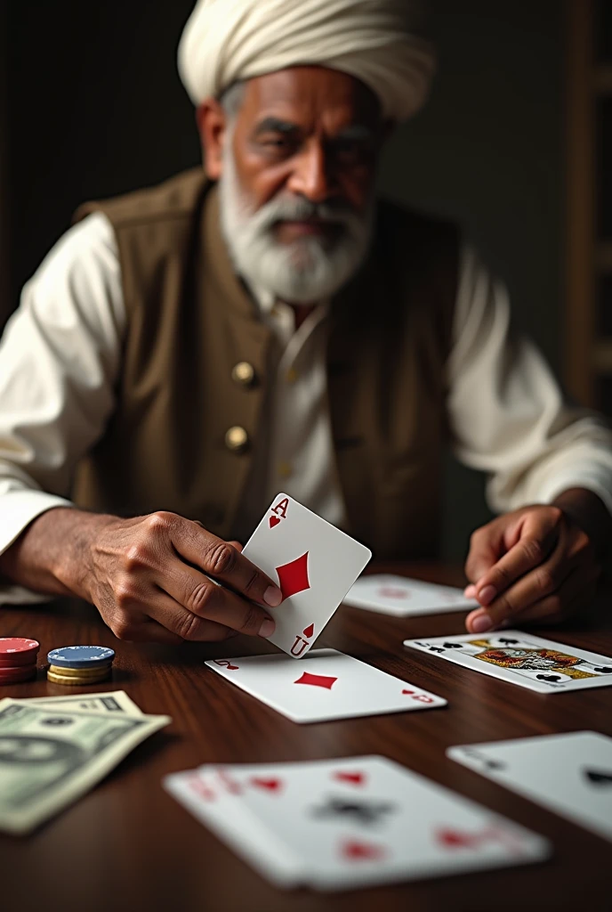 Ordinary Indian man、Table Magic、Card Magic、Close-up of hands and cards、A whole deck of cards neatly arranged,Design the right deck of cards、Only two cards face up,Paper money coins chips,
