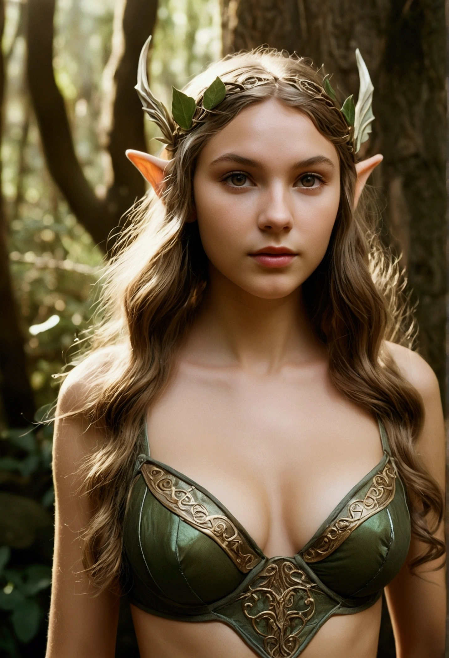 analog film photo, photo of a young elven girl, 18 years old, elf ears, honey eyes, dark hair, long messy waves, sun-tanned complexion, olive skintone, Amazonian stature, voluptuous hourglass figure, busty bosom, narrow waist, full hips, big plump buttocks, wearing elven lingerie, resembles Taylorr Swift, strolling through a fantasy landscape, RAW Photograph, dslr, soft lighting, high quality, film grain, Fujifilm XT3, detailed skin with visible pores, insane details, masterpiece, 8k, 35mm photograph, dslr, kodachrome, faded film, desaturated, grainy, vintage, Lomography, stained, highly detailed, found footage, close-up shot, elven ears