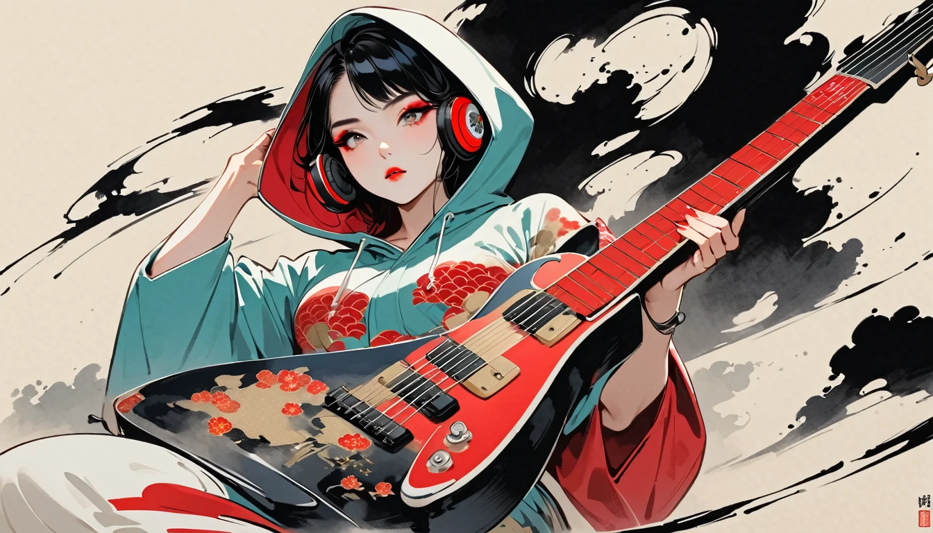 (((Ink Painting))), (((seiza))), (((from below))), (((front view))), (((Flashy makeup))), (((Japanese style headphones))), (((Japanese pattern hoodie))), (((Put on the hood))), (((Electric guitar))), Japanese beautiful girl, Black Hair, Delicate and precise, Modern ukiyo-e style,Japan, Japanese flag, vivid color