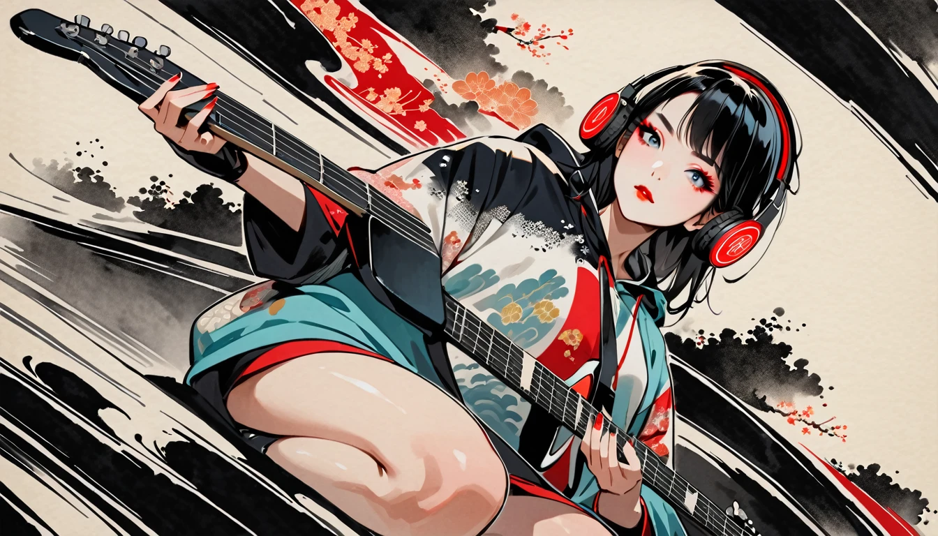 (((Ink Painting))), (((seiza))), (((from below))), (((front view))), (((Flashy makeup))), (((Japanese style headphones))), (((Japanese pattern hoodie))), (((Put on the hood))), (((Electric guitar))), Japanese beautiful girl, Black Hair, Delicate and precise, Modern ukiyo-e style,Japan, Japanese flag, vivid color