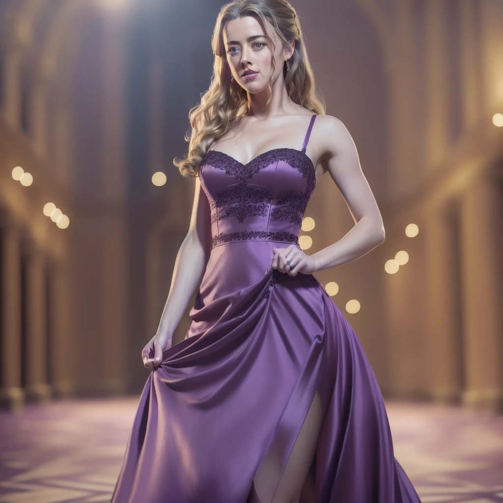 Full-length view (portrait of a AMBER HEARD as Hermione Granger lifting skirt and showing off panties),(thick body), (in a purple evening dress, intimate, detailed: 1.3), (panties: 1.3), (very detailed face: 1.4), (Ball hall on background: 1.2), (8k, uhd, DSLR, high quality, cinematic lighting, bokeh), (dramatic, award-winning photography, incredible masterpiece: 1.3)