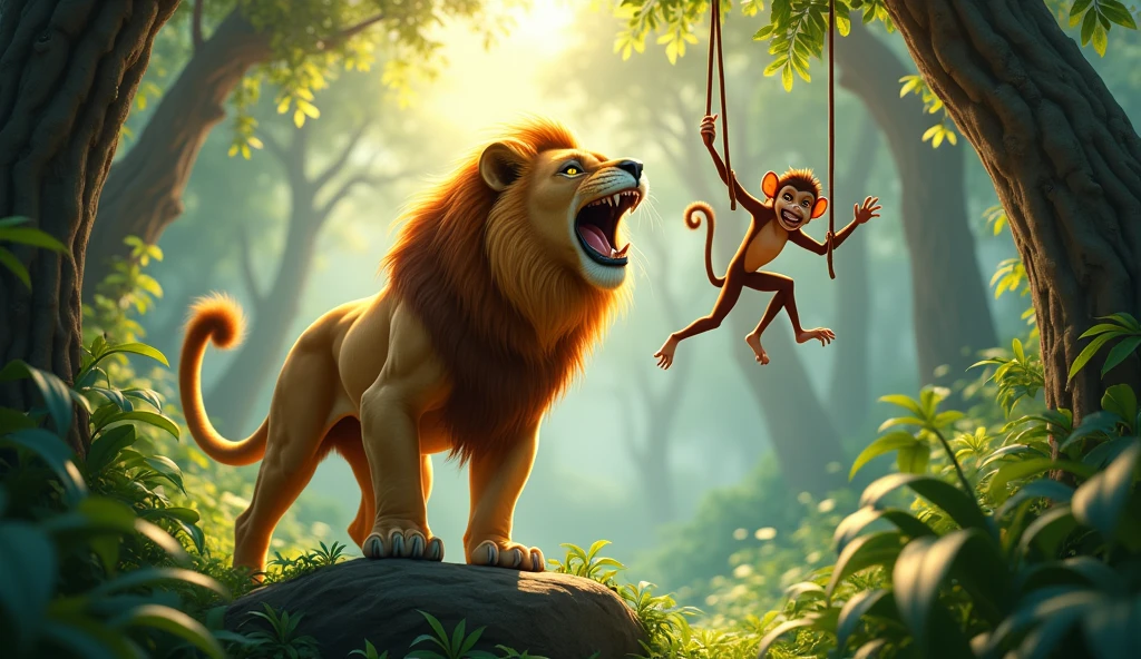 The lion roars with all its might,
King of the jungle, day and night.
The monkey swings from tree to tree,
Laughing, playing, wild and free!