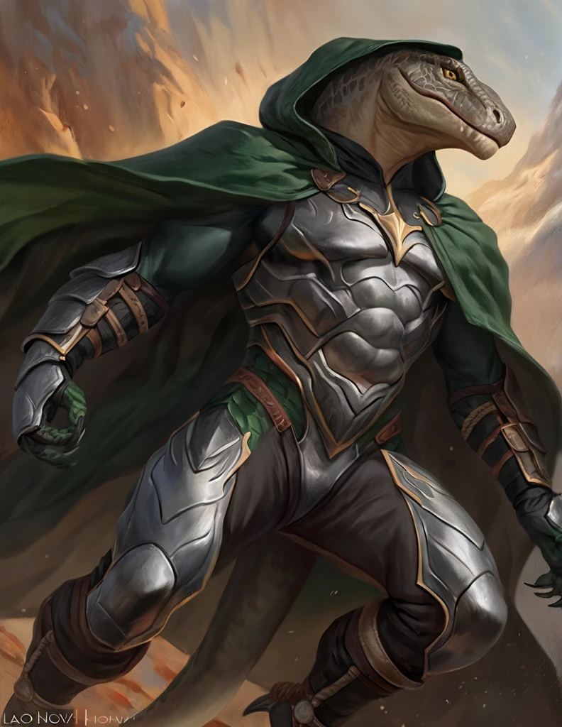 a ferocious male lizardfolk druid, muscular detailed body, gray color body, yellow eyes, masculine pose, tall topless, magic bodysuit, green and black long cloak, comicbook style, best quality, 4k, ultra-detailed, realistic, by laobai, by taran fiddler, by honovy