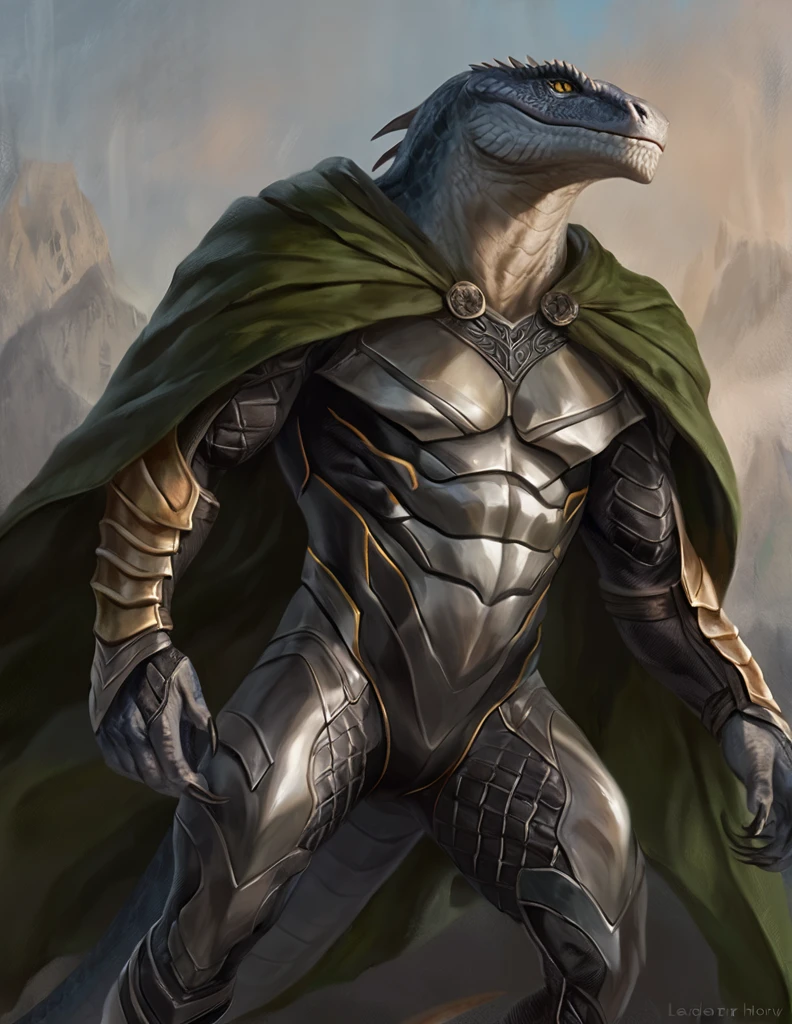 a ferocious male lizardfolk druid, muscular detailed body, gray color body, yellow eyes, masculine pose, pectorals, magic bodysuit, armor on abdominals, green and black long cloak, comicbook style, best quality, 4k, ultra-detailed, realistic, by laobai, by taran fiddler, by honovy