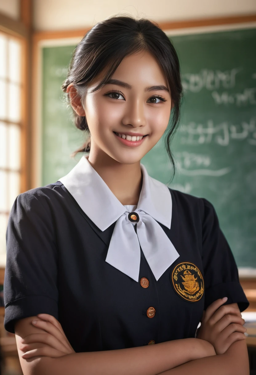 a beautiful girl, standing in classroom, 1girl, (Indonesian high school uniform), tight, gigantic breasts, extremely detailed facial features, beautiful eyes, long eyelashes, cute smile, school desk, chalkboard, sunlight through windows, warm lighting, intricate details, (best quality,4k,8k,highres,masterpiece:1.2),ultra-detailed,(realistic,photorealistic,photo-realistic:1.37),digital art, concept art, cinematic lighting, vibrant colors