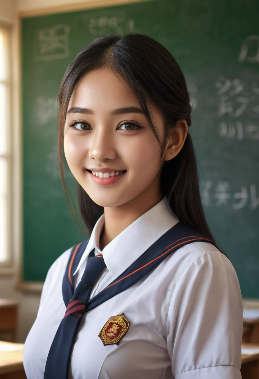 a beautiful girl, standing in classroom, 1girl, (Indonesian high school uniform), tight, gigantic breasts, extremely detailed facial features, beautiful eyes, long eyelashes, cute smile, school desk, chalkboard, sunlight through windows, warm lighting, intricate details, (best quality,4k,8k,highres,masterpiece:1.2),ultra-detailed,(realistic,photorealistic,photo-realistic:1.37),digital art, concept art, cinematic lighting, vibrant colors