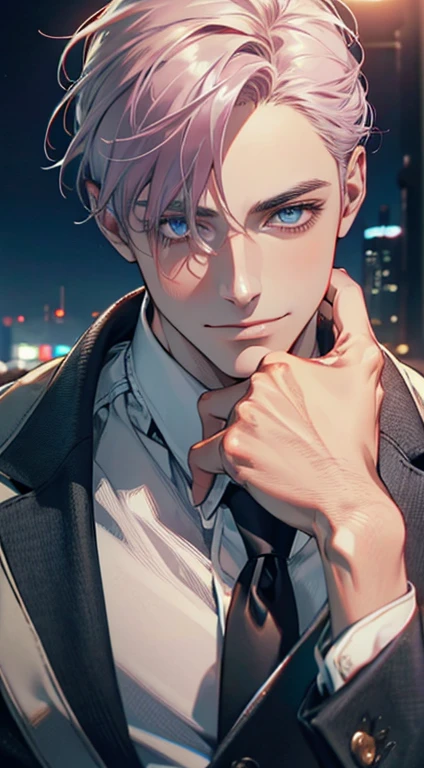 (Highest quality,4K,8K,High resolution,masterpiece:1.2),Super detailed,(Realistic,photoRealistic,photo-Realistic:1.37),1 person,31 years old,Mature Men,Beautiful skin、very handsome,Expressionless,smile,Short gray pink hair,blue eyes,Sharp Eyes,A perfect face without a doubt,Businessman,Office Background,Cinema Lighting,HDR image,tie、