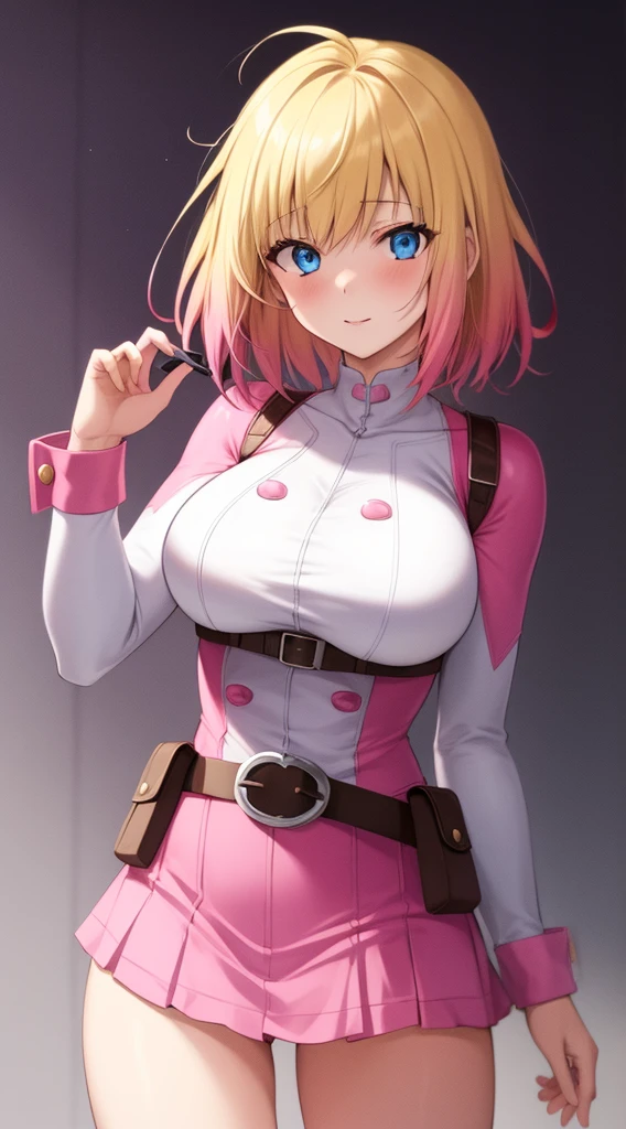 gwenpool, 1girl, blonde hair, multicolored hair, solo, blue eyes, short hair, gradient hair, belt, two-tone hair, pink hair, large breasts.