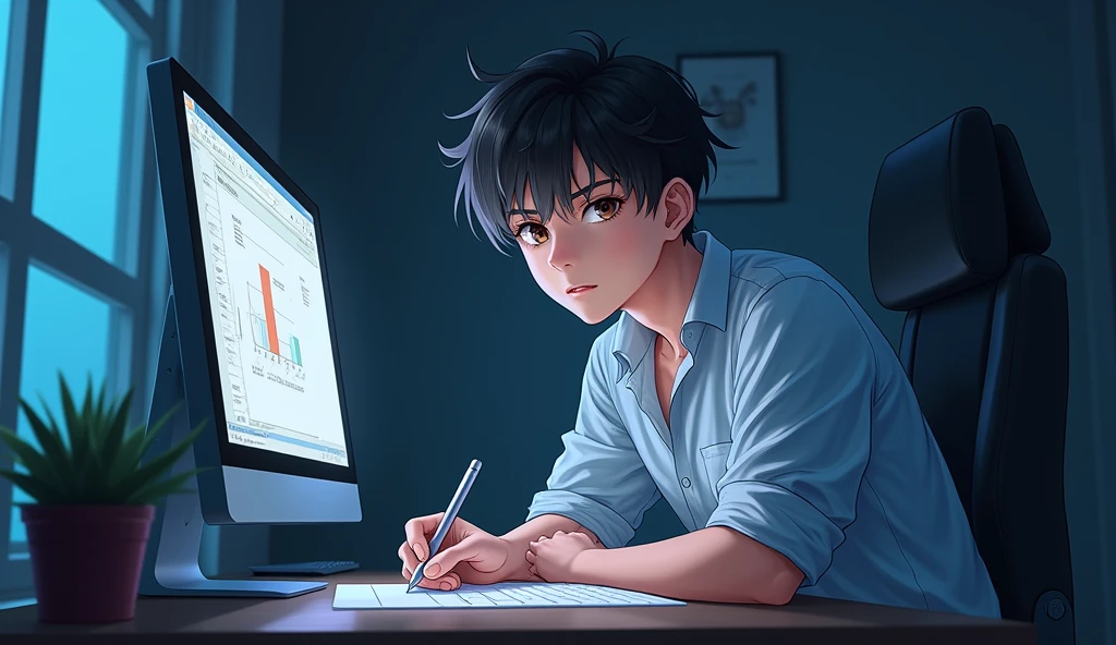 photo realistic  man sitting in front of a computer with a mouse holding sketching pen, looking to camera, nightcore, anime style 4 k, digital art on pixiv, digital anime illustration, digital anime art, anime style. 8k, [ 4 k digital art ]!!, digital anime art!!, pixiv contest winner, pixiv, painted in anime painter studio, pixiv style, at pixiv