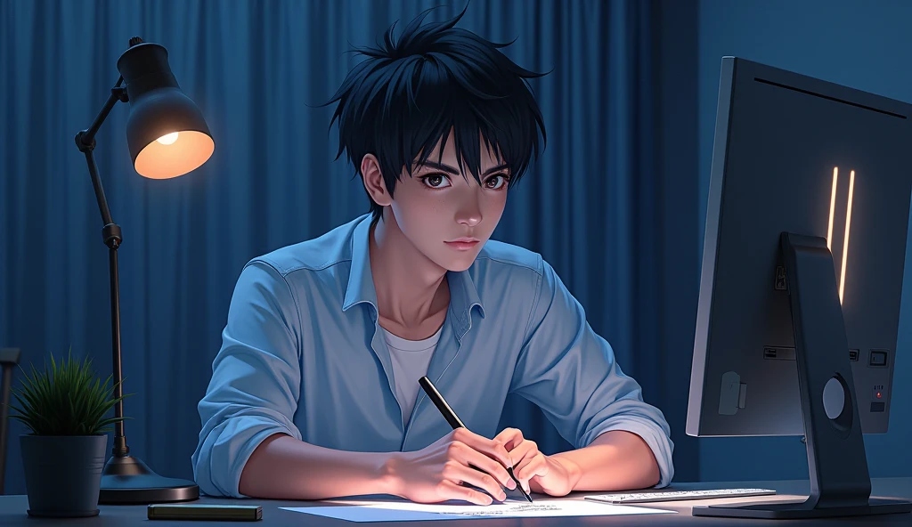 photo realistic  man sitting in front of a computer with a mouse holding sketching pen, looking to camera, nightcore, anime style 4 k, digital art on pixiv, digital anime illustration, digital anime art, anime style. 8k, [ 4 k digital art ]!!, digital anime art!!, pixiv contest winner, pixiv, painted in anime painter studio, pixiv style, at pixiv
