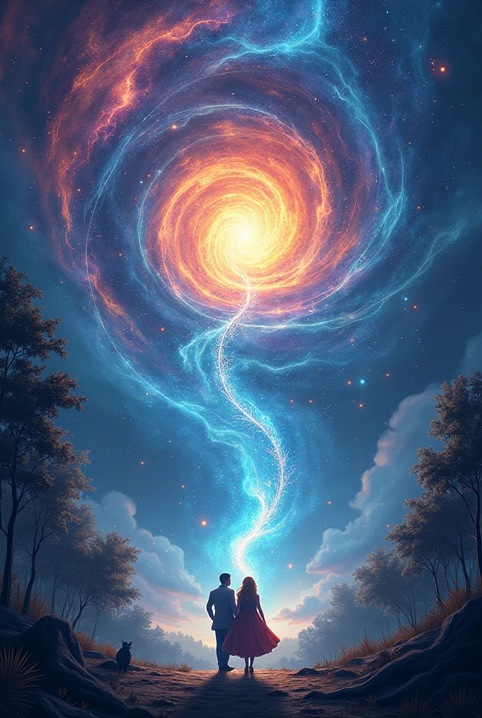 (pThe Melody of the Cosmos
Concept: The cover showcases a grand, swirling vortex of musical notes and cosmic energy, with the universe itself appearing to be shaped by the music. At the center of this vortex is Kara holding musical instrument,  Ren with a protective stance, her uncle Aric with a mysterious aura .The background is a blend of deep space and vibrant music notes, creating a sense of infinite possibilities. Add trees and forest shadows also
Mood: Majestic, epic, and full of cosmic mystery,Dramatic, intense
Make an ebook covered based on this, make characters faces  in front 