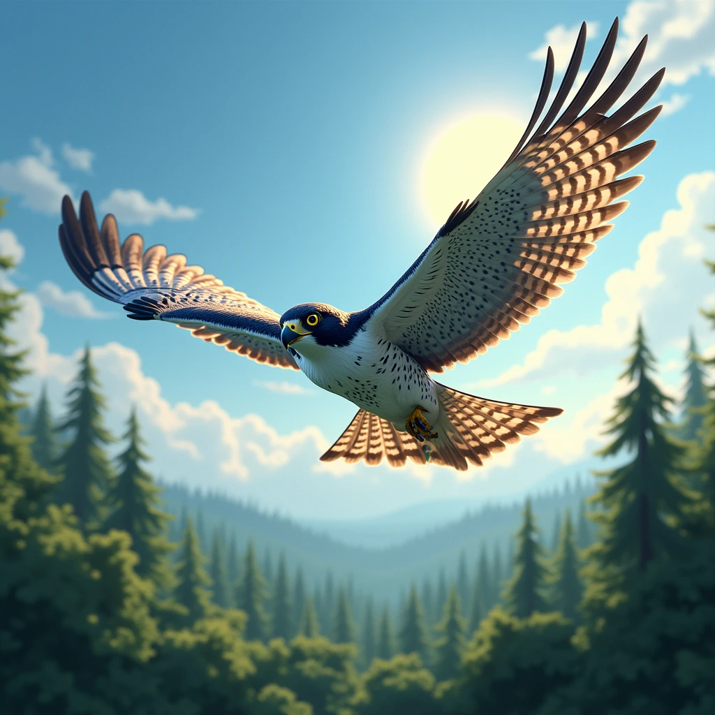 "A majestic peregrine falcon in mid-flight, soaring high above a lush green forest, with its wings fully extended and the sun shining brightly in the background."