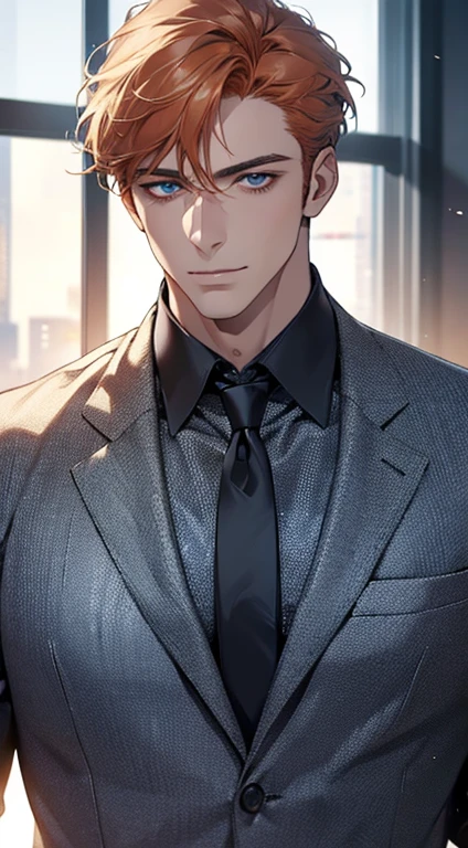 (best quality,4k,8k,highres,masterpiece:1.2),ultra-detailed,(realistic,photorealistic,photo-realistic:1.37),1 man,31 years old,mature man,very handsome,without expression,smile,short grey orange hair,blue eyes,penetrating gaze,perfect face without errors,imposing posture,businessman,office background,cinematic lighting,hdr image