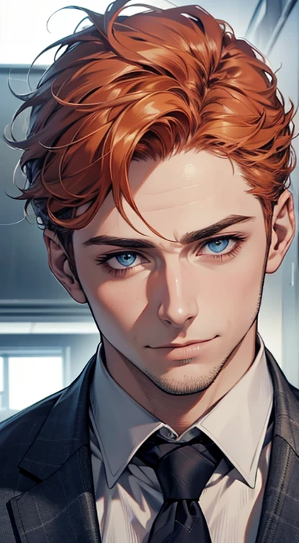 (best quality,4k,8k,highres,masterpiece:1.2),ultra-detailed,(realistic,photorealistic,photo-realistic:1.37),1 man,31 years old,mature man,very handsome,without expression,smile,short grey orange hair,blue eyes,penetrating gaze,perfect face without errors,imposing posture,businessman,office background,cinematic lighting,hdr image