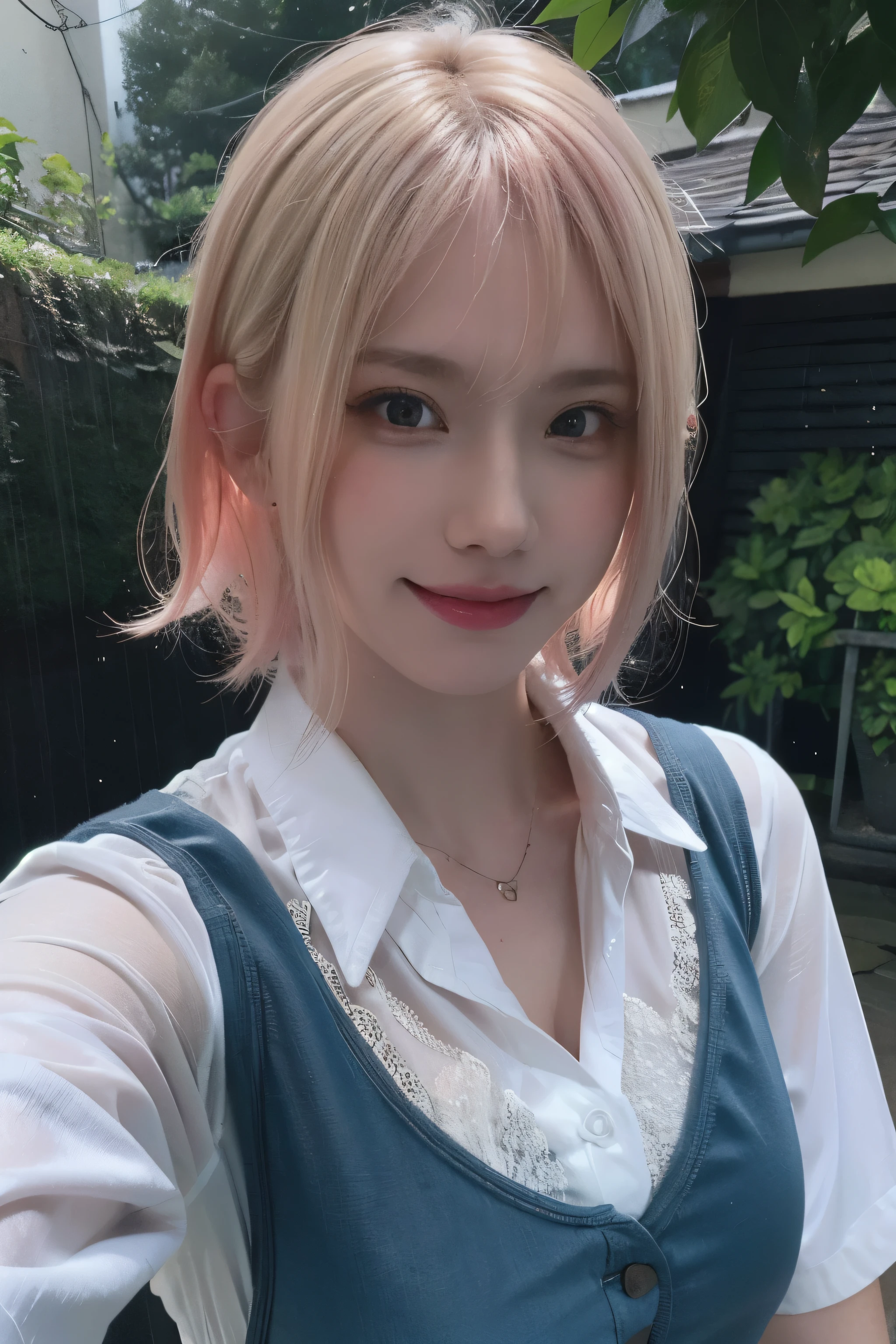 (8K),(Best Quality: 1.2),(Realistic),(Realistic: 1.37),Ultra High Resolution,(Single Woman),Image of woman in wet sheer short-sleeved white shirt in heavy rain, smiling, half Korean, half Ukrainian,(Bob hair with pink hair almost blonde),Selfie,From above,Close-up of face,Thin necklace,(Medium Shot: 1.2),(Sheer),(Heavy Rain),(Wet),Cinematic photo of a drenched schoolgirl standing on a rainy day. The background is slightly blurred, and the atmosphere is enhanced by visible raindrops. The lighting is soft and diffused, creating a dramatic and melancholic atmosphere. The overall color tone is dark and muted, with deep blues and greens dominating the scene in the background. The image has a strong atmosphere typical of Japanese art photography.