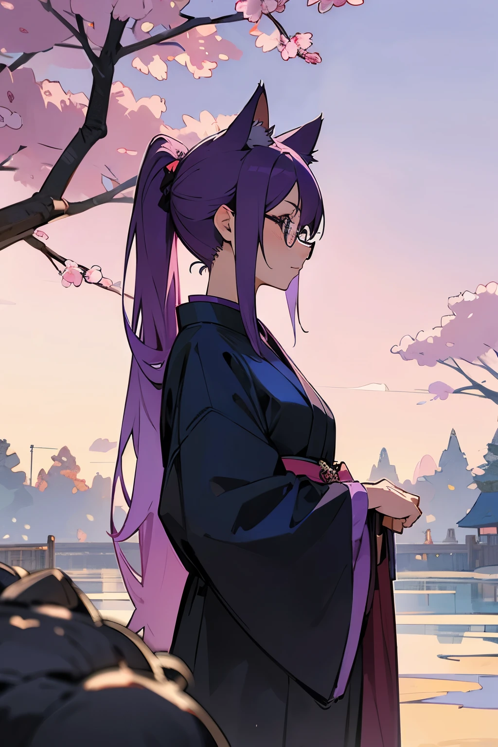 A detailed anime-style header image for a social media profile featuring a female character with cat ears, long purple hair in a ponytail, wearing glasses, and a gothic-style traditional Japanese outfit. The character should be sitting or standing in a serene outdoor setting, such as a garden with cherry blossoms, with a soft twilight sky in the background. The color scheme should include soft pastel colors that match the character's look and the purple theme of the profile. The image should be wide and suitable for use as a header on a social media profile.