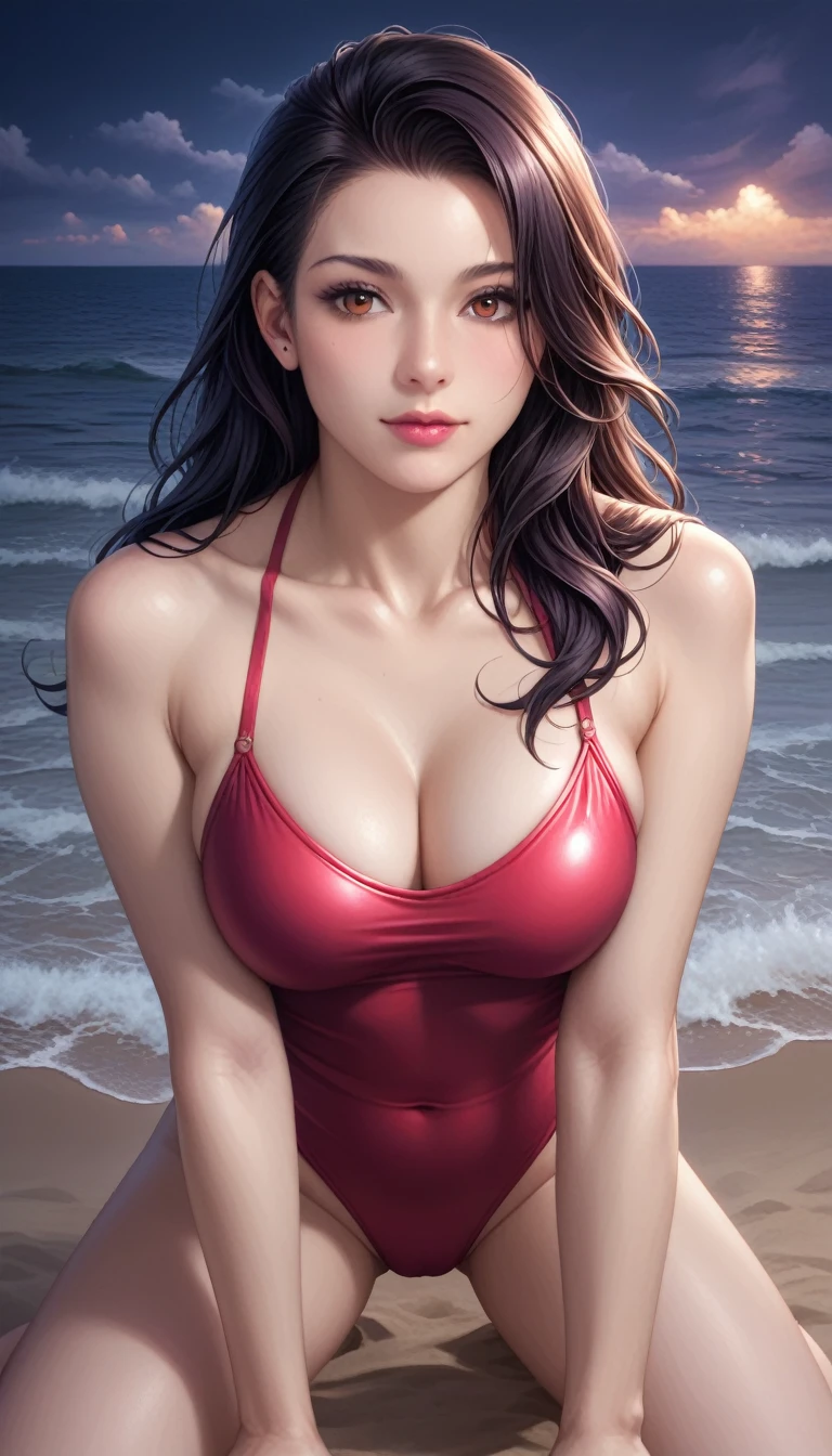 score_9, score_8_superior, score_7_superior, High-resolution CG illustration,A masterpiece in 32K resolution,Highest quality,it is really amazing,Very detailed,Ultra-high resolution,Ultra-realistic,Realistic,Increased depth of field,Cinematic lighting,
Sexy mature Japan woman,
Long black hair with no bangs,Ultra-detailed and beautiful face,Calm and gentle look,Beautiful brown eyes,Translucent white skin,Realistic skin texture,Great proportions,
Elegant red swimsuit,
Simple design,Chic color scheme based on red,Detailed fabric texture,
(Dark overcast sky on a dull night:1.1),(Dark clouds filling the sky:1.1),Thundercloud,Coastline at night,Stormy seas,delay々A desolate sandy beach that continues,
Kneeling on the sand,High angle,