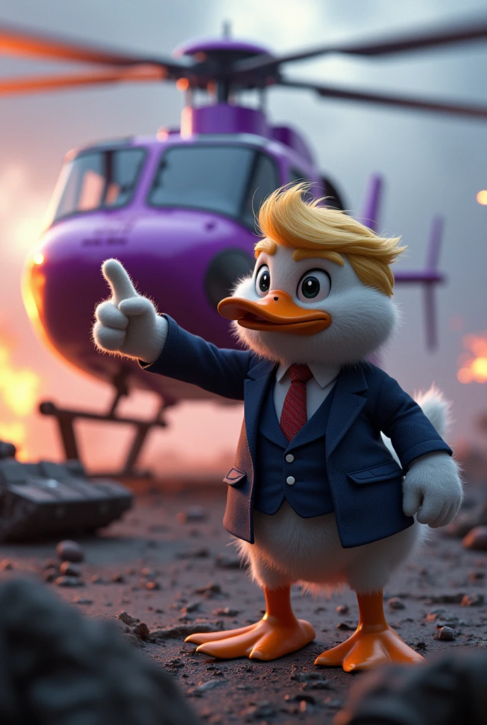 Purple helicopter shooting machine gun at broken tank, battlefield background, dead soldiers on the floor, mafia duck with soft fur skin wearing a suit with hairstyle of donald trump standing on ground pointing finger forward
