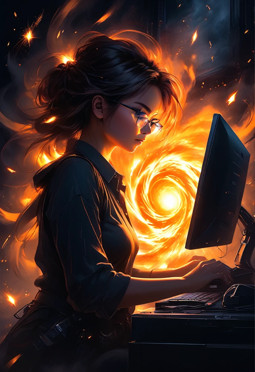 Midjourney, MJ, Midjourney style, pastel, dry chalk, poster, reality, macro, cinematic light, close up details, reality style, score_9, score_8_up, score_7_up, score_6_up, a dramatic cinematic scene featuring a young woman with glasses, intently working on a computer. A swirl of orange sparks erupts from the screen, symbolizing the server overload and a fire. Smoke billows around her, partially obscuring the chaotic environment. The room is dimly lit, and the bright, fiery glow of the sparks illuminates her determined expression. The scene captures a moment of tension and technological crisis, with the contrast between the warm, fiery light and the dark, shadowy surroundings highlighting the intensity of the situation.