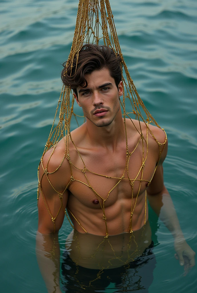 naked/fully naked handsome young man in a gold fishing net