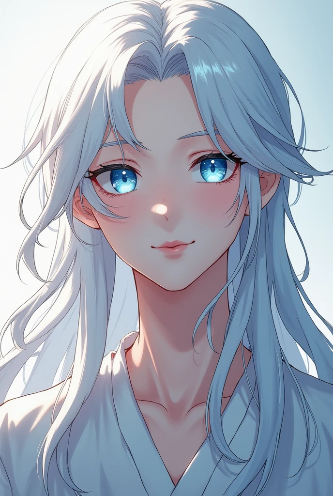 white skin boy, long white hair , blue eyes, beautiful like a 20-year-old with an anime style 
