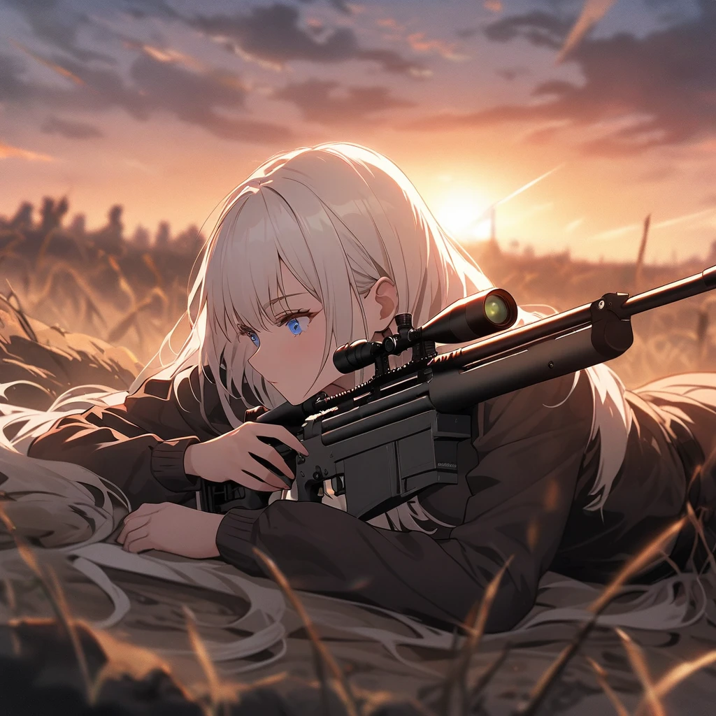 One woman,Sniper,sniper rifle,Barrett M72,Very long barrel,Ready, the woman is wearing a sailor uniform.,mini skirt,Lying on the ground,Blowing in the Wind ((blue eyes,White Hair)) The woman is a survival game avatar,Playing a battle royale,Whole body,Sniping,profile,Filmography,Taking aim, dust swirls.,A little blurry,sunset,sun,wilderness,It's going to be slaughtered