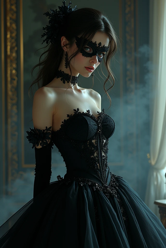 a close up of a person wearing a mask, dreamy gothic girl, elegant render, half body photo, mistress, photoshop render, ebony rococo, elegant girl, female spy, haunting beautiful young woman, super-hero girl, extravagant dress, beauty girl, (anime girl art), (Oil painting art style).,