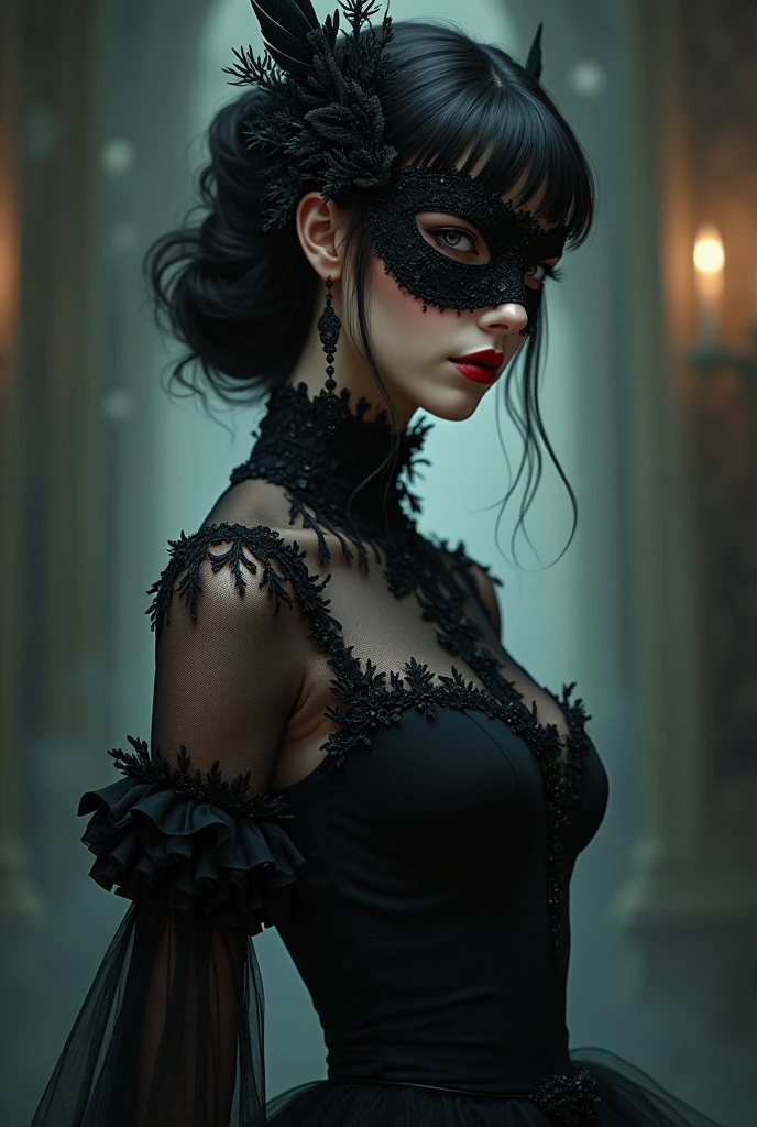 a close up of a person wearing a mask, dreamy gothic girl, elegant render, half body photo, mistress, photoshop render, ebony rococo, elegant girl, female spy, haunting beautiful young woman, super-hero girl, extravagant dress, beauty girl, (anime girl art), (Oil painting art style).,