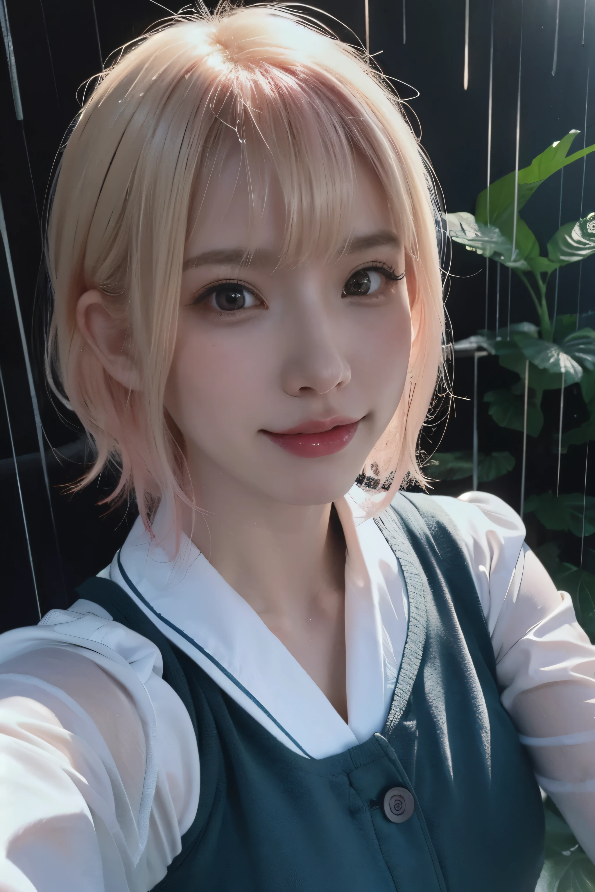 (8K),(Best Quality: 1.2),(Realistic),(Realistic: 1.37),Ultra High Resolution,(Single Woman),Image of woman in wet sheer short-sleeved white shirt in heavy rain, smiling, half Korean, half Ukrainian,(Bob hair with pink hair almost blonde),Selfie,From above,Close-up of face,Thin necklace,(Medium Shot: 1.2),(Sheer),(Heavy Rain),(Wet),Cinematic photo of a drenched schoolgirl standing on a rainy day. The background is slightly blurred, and the atmosphere is enhanced by visible raindrops. The lighting is soft and diffused, creating a dramatic and melancholic atmosphere. The overall color tone is dark and muted, with deep blues and greens dominating the scene in the background. The image has a strong atmosphere typical of Japanese art photography.