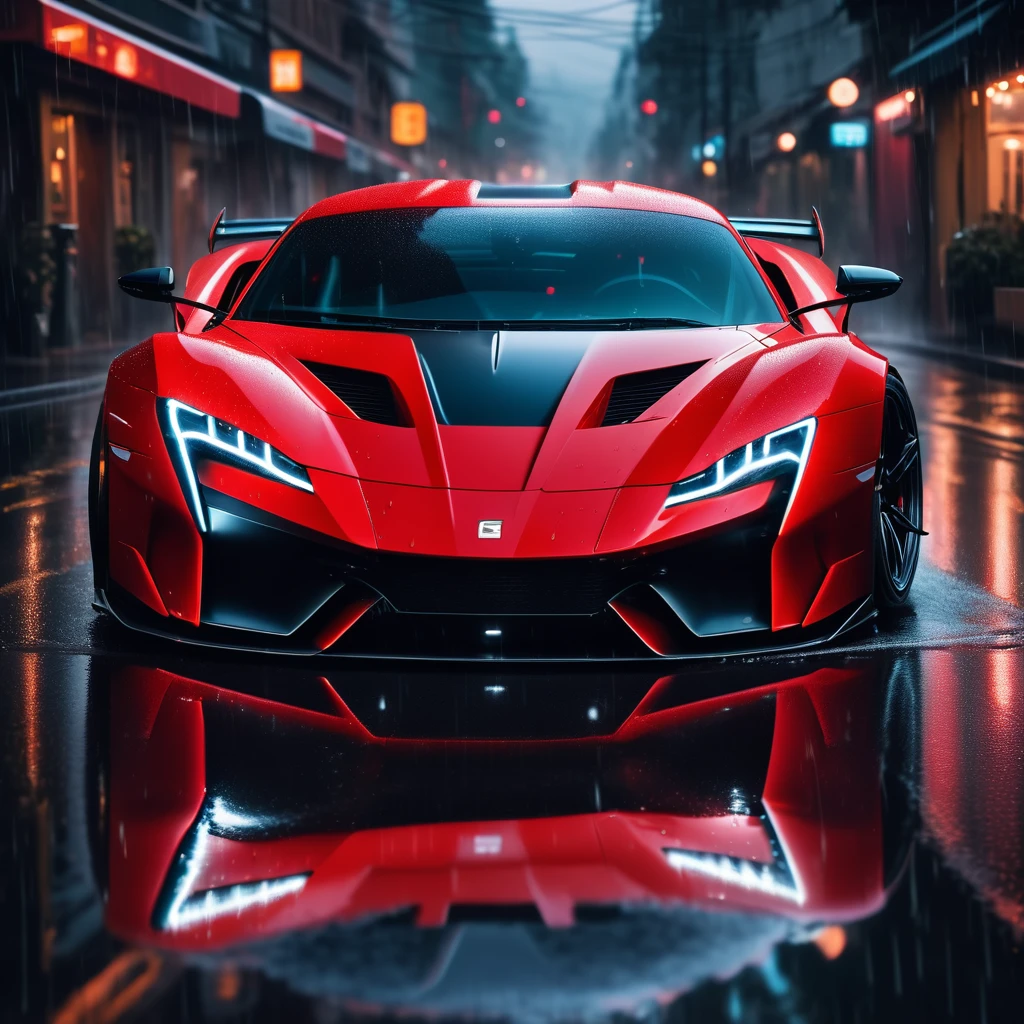 Cyberpunk,Big red sports car,rain,Reflection,Headlights are on,Light Strip,Frontal of the car,The car is facing the camera,