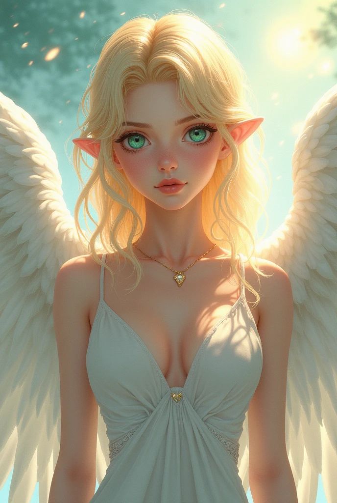Anja, a blonde with green eyes, divine, wonderful, With big white wings, anime styling
